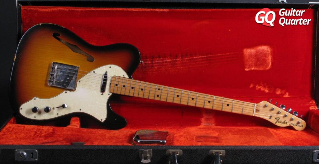 Fender Telecaster Thinline 1969, 세미 할로우 애쉬 바디 및 Sunburst 마감.