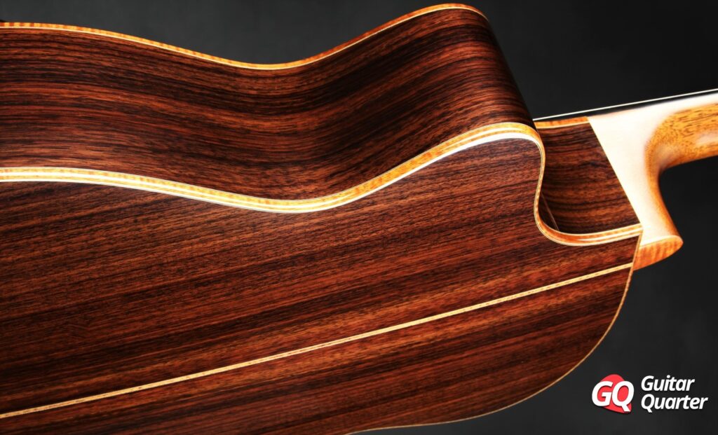 Solid rosewood sides and back on a high-end guitar worth over $7,000.