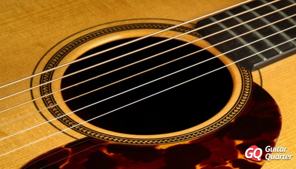 Solid Adirondack Spruce Master Grade top of a Goodall Traditional Dreadnought acoustic guitar.